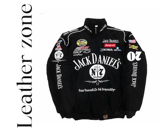 Unisex Jack Daniel's Racing Jacket, Y2K Motorsport Bomber Coat with Patches
