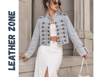 Women’s Double Breasted Denim Jacket , Long Sleeve Button Up Coat , Vintage Streetwear Outerwear