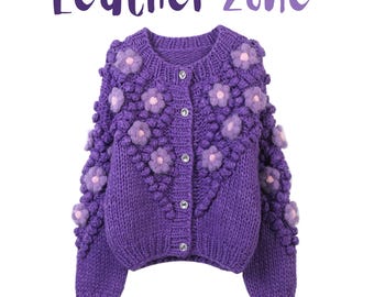 Purple Floral Knit Cardigan, Wool Blend Chunky Sweater, Cottagecore Cardigan, Cozy Boho Knit Jacket, Gift for Her