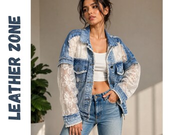 Women’s Floral Mesh Denim Jacket, Lace Sleeve Jean Coat , Embroidered Lightweight Daisy Denim Casual Outerwear