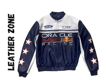 Red Bull Racing Leather Bomber Jacket, Embroidered Motorsport Streetwear Coat