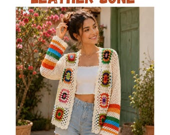 Women's Boho Crochet Cardigan, Oversized Granny Square Sweater, Open Front Knit Bohemian Layer