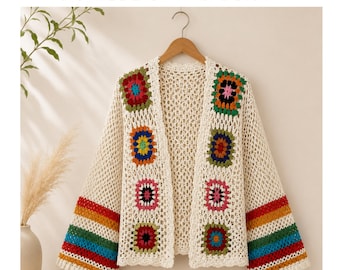 Women's Boho Crochet Cardigan, Oversized Granny Square Sweater, Open Front Knit Bohemian Layer