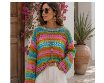 Oversized Color Block Knit Sweater for Women, Crew Neck Pullover, Cozy Winter Jumper, Soft Patchwork Sweater