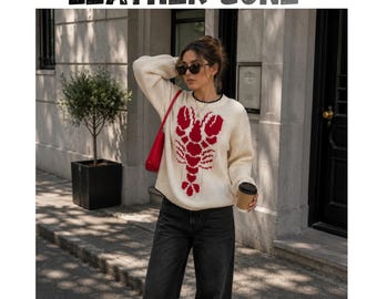 Lobster Sweater for Women, Coastal Knit Sweater, Beachcore Pullover, Cottagecore Jumper, Oversized Cozy Knit