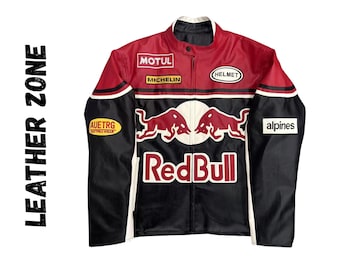 Vintage Red Bull Racing Leather Biker Jacket, Embroidered F1 Motorsport Streetwear Coat