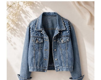 Women’s Pearl Studded Denim Jacket, Cropped Blue Jean Jacket, Oversized Beaded Denim Coat, Vintage Streetwear Jacket, Plus Size Gift for Her