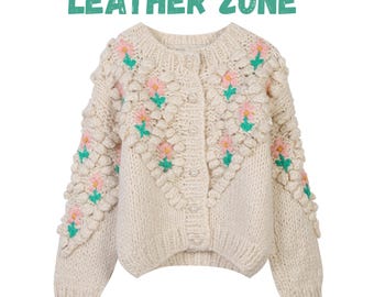 Apricot Floral Embroidered Knit Cardigan, Chunky Wool Blend Cottagecore Sweater