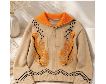 Oversized Knit Sweater, Large Lapel Zip Up Cardigan, Boho Western Style Sweater, Cozy Outerwear
