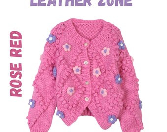 Chunky Floral Knit Cardigan, Bobble Sweater Coat, Cozy Winter Crochet Knitwear, Soft Handmade Style Jumper, Oversized Gift for Her