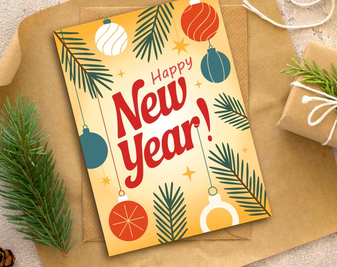 Featured listing image: Greeting Card – Happy New Year! | A6 Format |Vector Illustration| New Year| Merry Christmas| Printable Art| Mini Print| Digital Download PDF