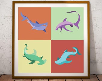 Wall Art – Sharks – Kids Room Decor | Square Art 1:1 | Vector Illustration | Playroom Prints | Digital Download PDF | Homedecor | Kids’ room