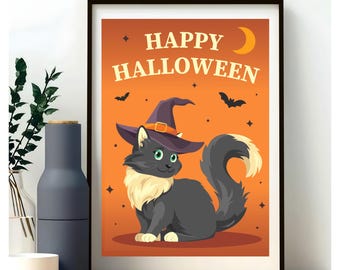 Poster – Cat – Room Decor | Halloween | A3 Format | Vertical | Vector Illustration | Printable Art | Digital Download PDF | Homedecor