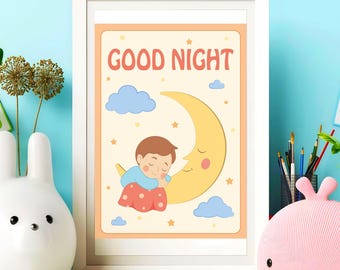Poster – Good Night – Room Decor | Kids | A3 Format | Vertical | Vector Illustration | Printable Art | Digital Download PDF| Homedecor| Art