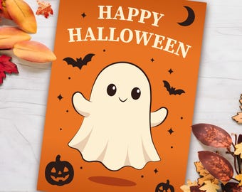 Greeting Card – Cute Ghost | A6 Format | Vector Illustration | Halloween | Autumn | Printable Art | Mini Print | Digital Download PDF