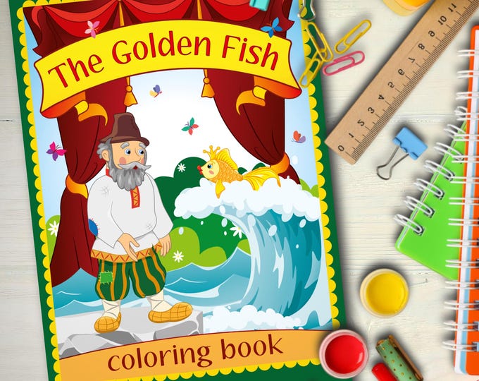 Featured listing image: The Golden Fish: Coloring Storybook PDF | Russian Folk Tale | Printable A4 | Kids Activity | In English | Original Illustrations