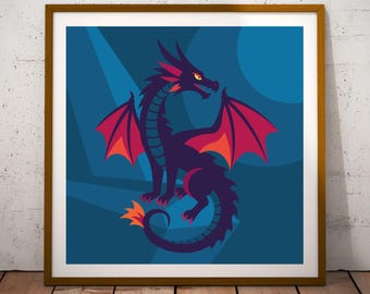Wall Art – Night Dragon – Kids Room Decor | Square Art 1:1 | Vector Illustration | Playroom Prints | Digital Download PDF | Homedecor