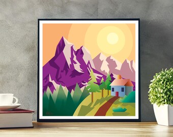 Wall Art – Mountain Range – Kids Room Decor | Landscape | Square Art 1:1 | Vector Illustration | Playroom Prints | Digital Download PDF