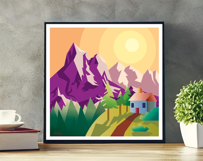 Featured listing image: Wall Art – Mountain Range – Kids Room Decor | Landscape | Square Art 1:1 | Vector Illustration | Playroom Prints | Digital Download PDF