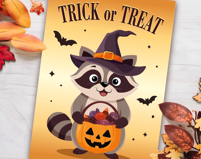Featured listing image: Greeting Card – Trick or Treat | A6 Format | Vector Illustration | Halloween | Autumn | Printable Art | Mini Print | Digital Download PDF