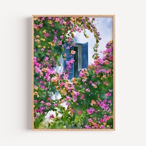 Blue Shutter Window Watercolor Print – Flower Vine & Bougainvillea