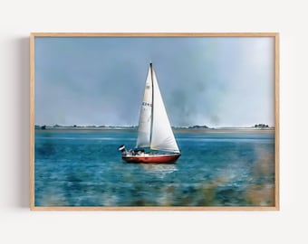 Segelboot Aquarell Print - Nautische Ozean Wandkunst, Küstenlandschaft Dekor