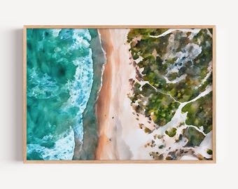 Stampa acquerello Shoreline – Onde dell'oceano e paesaggio costiero