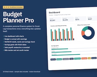 May include: Budget Planner Pro Excel spreadsheet template featuring a dashboard with financial charts, a donut graph, and savings goals. The interface displays income, spending, and savings data with navigation buttons for various tracking sheets.