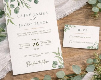 Invitación de boda con temática de vegetación y RSVP: elegante plantilla botánica