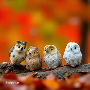 Mini Owl Figurines | 4 Piece Resin Owl Set | Cute Miniature Owls for Fairy Garden | Terrarium | Desk Décor | Owl Lover Gift | Pet Lover Gift