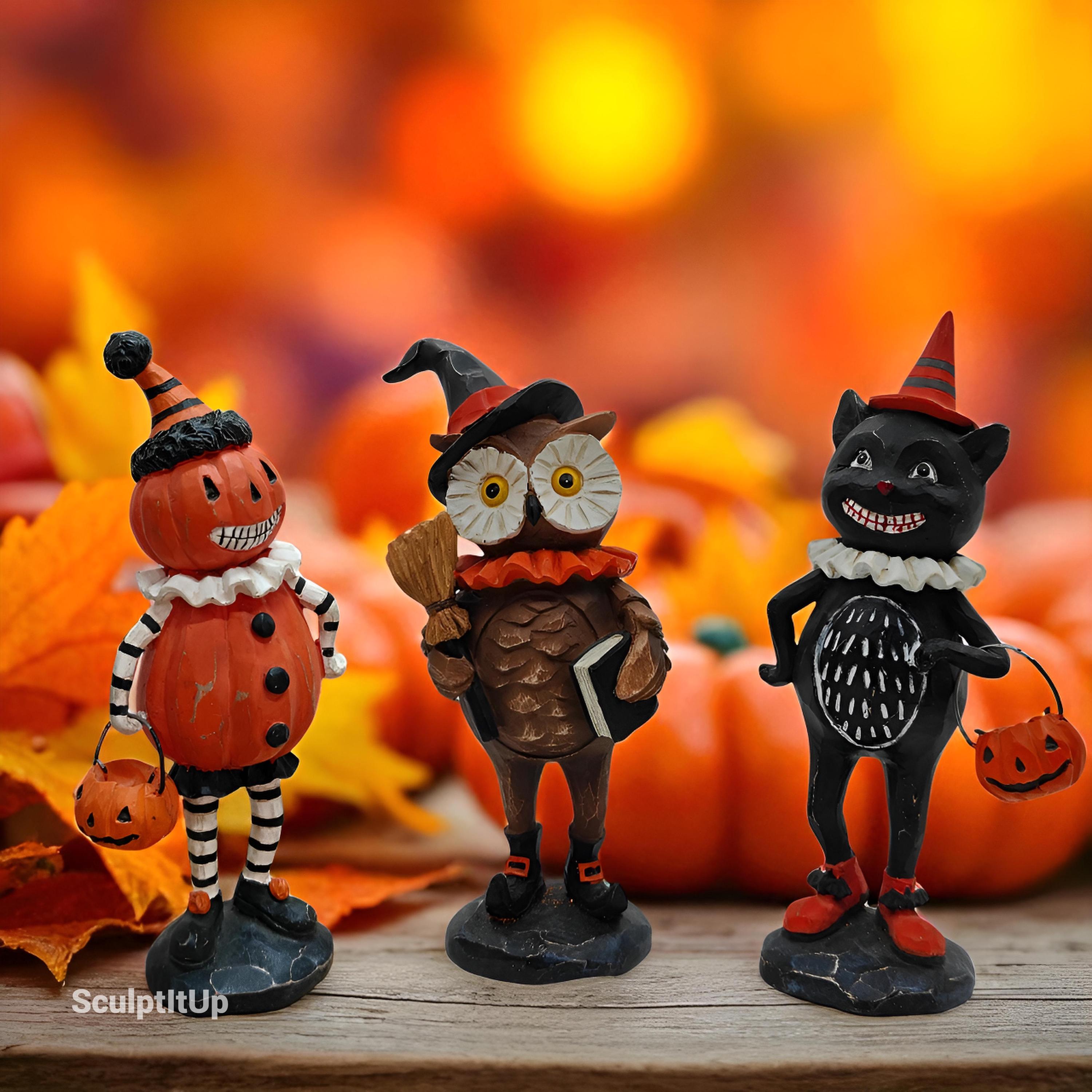 Hand-Painted Resin Halloween Figurines: Owl, Pumpkin, Cat - Vintage Style