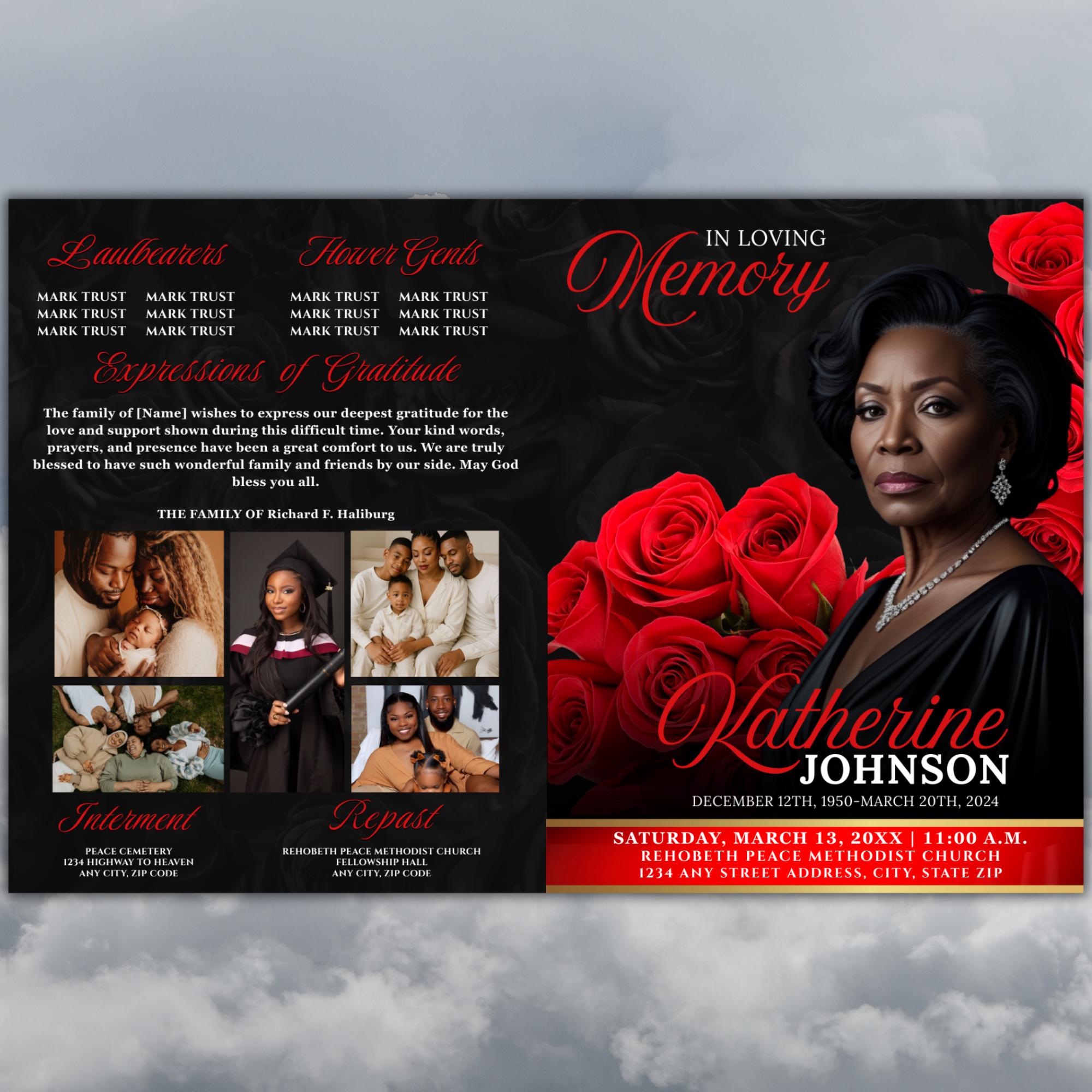 Sample Funeral Programs With Roses Red Roses Funeral Program Template, Celebration of Life (canva, Digital ...