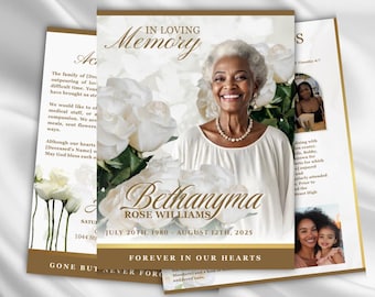 White Gold Rose Funeral Program Template: 8-Page Memorial (Canva, Digital Download 17x11" Tabloid Size)