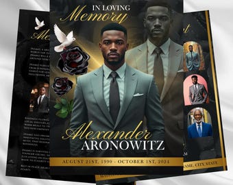Black & Gold Funeral Program: 4-Page Memorial Template (Canva, 17" x 11")
