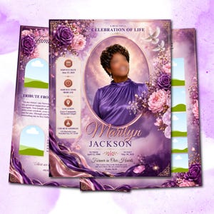 May include: A funeral program template in shades of purple featuring a central oval portrait of a person in a purple blouse. The text reads A BEAUTIFUL CELEBRATION OF LIFE, Marilyn Jackson, and includes service details, dates, and floral accents.