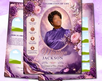 May include: A funeral program template in shades of purple featuring a central oval portrait of a person in a purple blouse. The text reads A BEAUTIFUL CELEBRATION OF LIFE, Marilyn Jackson, and includes service details, dates, and floral accents.
