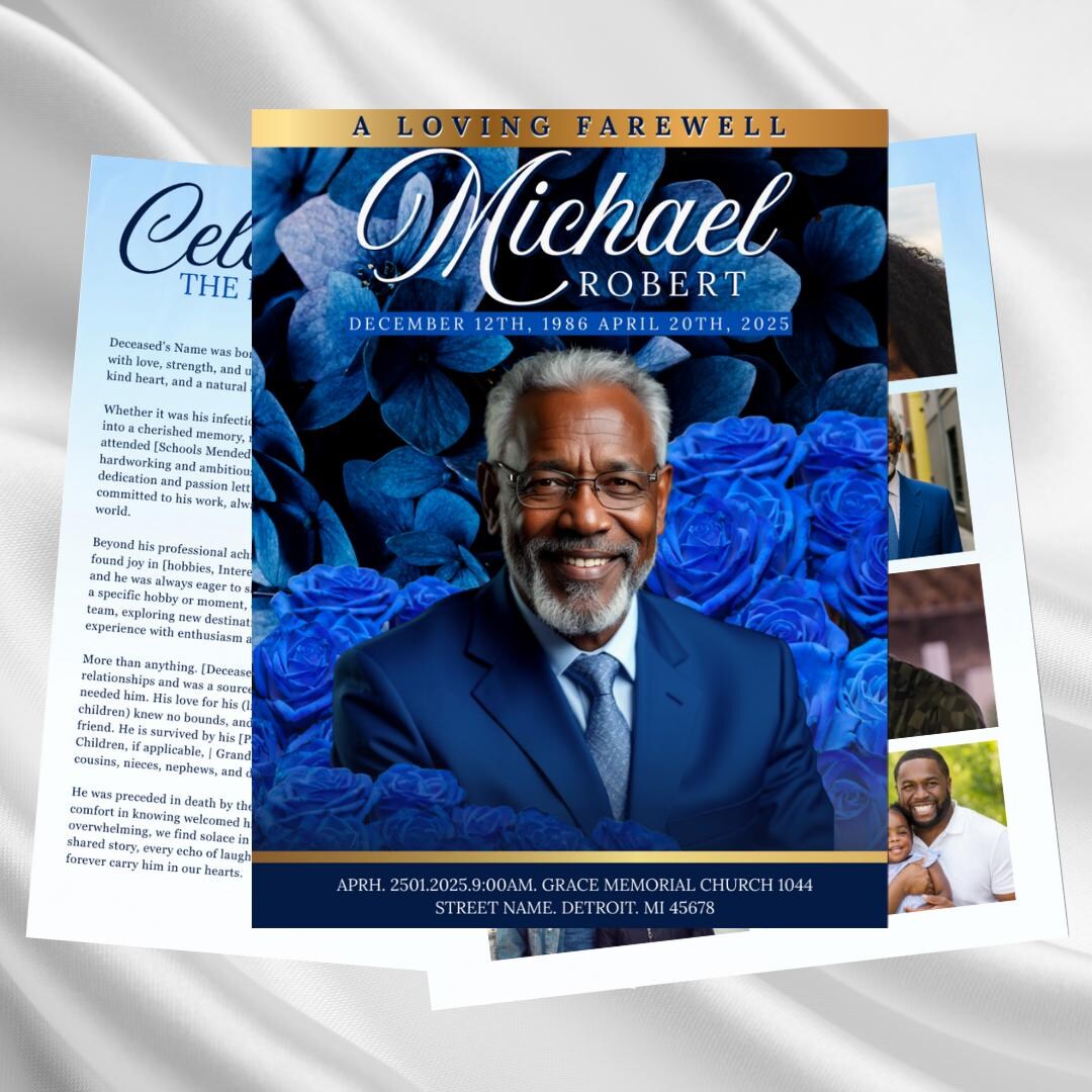 Blue Roses Funeral Program Template, Obituary, Memorial (canva, Digital ...