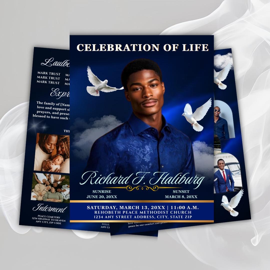 Blue Funeral Program Template, Obituary, Memorial (canva, Digital ...