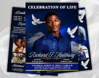 Blue Funeral Program Template, Obituary, Memorial (Canva, Digital Download)
