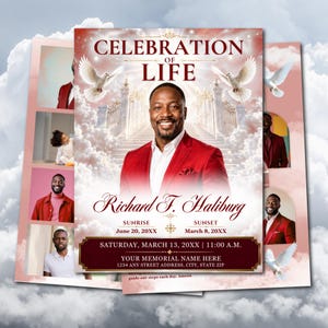 May include: A funeral program template titled Celebration of Life featuring a portrait of a man in a red blazer, white doves, and a stairway to heaven background. Text includes Richard F. Haliburg, dates, and placeholders for event details.