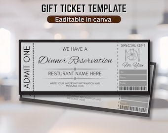 May include: A gift ticket template with the text "GIFT TICKET TEMPLATE" and "Eaditable in canva". The ticket design includes the words "Dinner Reservation", "RESTURANT NAME HERE", and "SPECIAL GIFT For You".