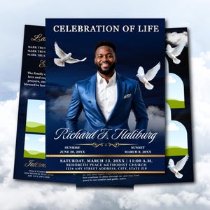 Könnte beinhalten: Eine marineblaue Trauerkarte mit dem Text "Celebration of Life" und dem Namen "Richard F. Haliburg". Die Karte zeigt ein Foto eines Mannes in einem blauen Anzug, weiße Tauben und Veranstaltungsdetails.