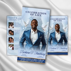 May include: A memorial service announcement featuring a photo of a man in a blue suit. The text reads "Celebration of Life" with the name "Richard F. Haliburg" and service details. Includes photos of family and friends.
