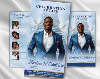 Blue & White Funeral Program Trifold Template, Celebration of Life (DIY Canva)