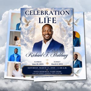 Könnte beinhalten: Eine Gedenkprogramm-Vorlage mit dem Titel CELEBRATION OF LIFE, die ein Porträt eines Mannes im blauen Anzug, weiße Tauben und einen Hintergrund mit einer Himmelsleiter zeigt. Der Text enthält Richard F. Haliburg und Daten.
