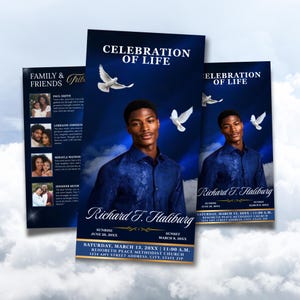 May include: A memorial service program with a portrait of a man in a blue shirt, the text "Celebration of Life", and white doves. The program includes the name "Richard F. Haliburg", dates, and a church address.