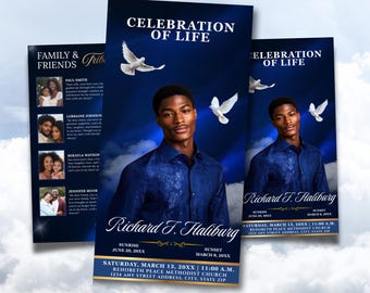 Blue Funeral Program Trifold Template, Celebration of Life (DIY Canva)