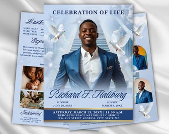 Blue & White Funeral Program Template, Celebration of Life (Canva, Digital Download)