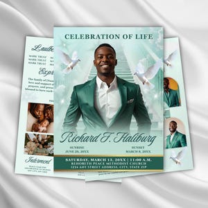 May include: A memorial card with a teal and white design. The card features a photo of a man in a green suit, the text "Celebration of Life", and the name "Richard F. Haliburg". White doves are also featured.