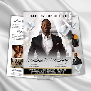 以下が含まれることがあります： 黒いスーツを着た笑顔の男性の写真が載った追悼カード。「Celebration of Life」の文字が上部にあり、その下に「Richard F. Haliburg」の名前があります。日付、時間、場所などの詳細が含まれています。